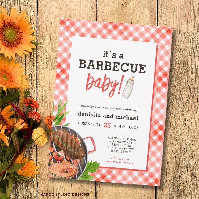 Rustik röd barbecue-baby shower inbjudningar (The front and back of the invitation are shown at a 5x7 inch. Choose size, paper, + corner style.)