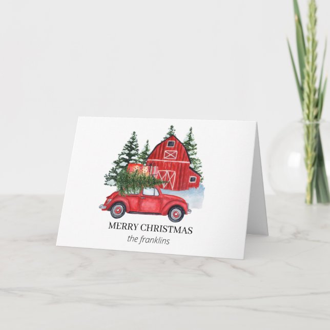 Rustik röd bil Glad jul gran lada snö  Helgkort (Framsida)