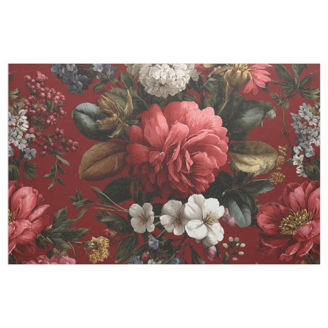 Rustik röd botanisk boho blommig vintage tyg (Yard)