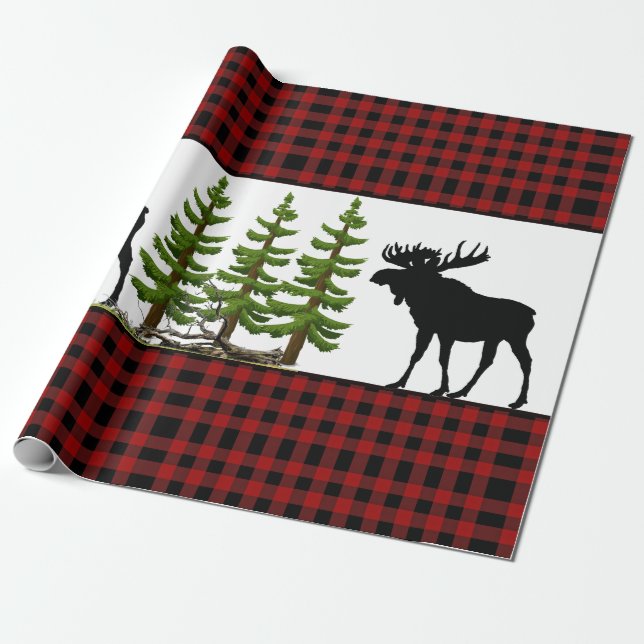 Rustik röd buffelplaid med älg siluett presentpapper (Utrullad)