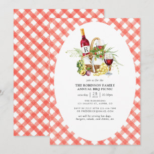 Rustik Röd Gingham BBQ Picknick Monogram Inbjudningar