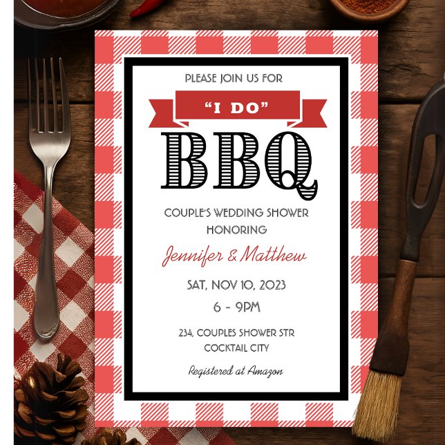 Rustik Röd Gingham Jag Grillar Bröllop Par Bröllop Inbjudningar (Rustic Red Gingham I Do BBQ Wedding Couples Shower Invitation)
