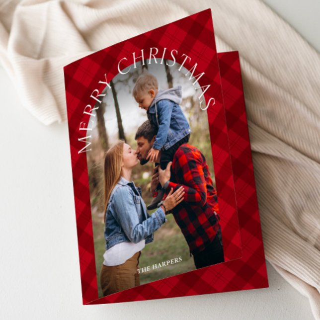 Rustik röd kartröja välvd fotokristall  helgkort (Modern red plaid arch photo rustic Christmas Holiday Card.)