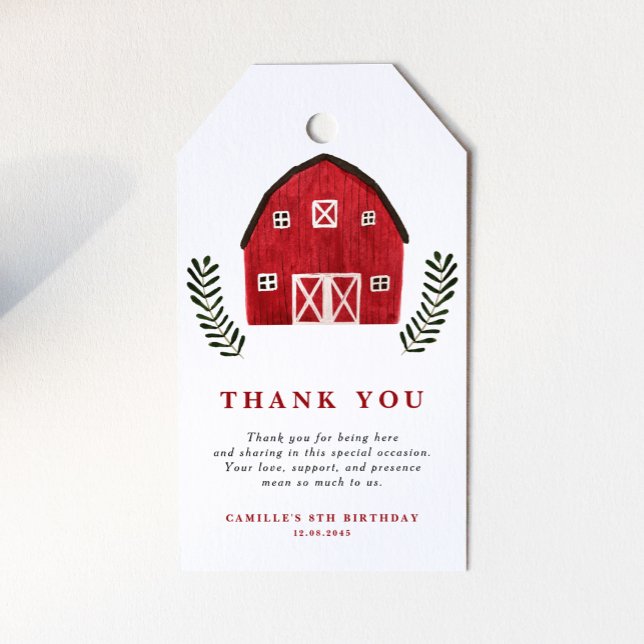 Rustik Röd Lantgård Födelsedags Tacksamt Julkort Presentetikett (These rustic farmhouse theme birthday party thank you tags features a charming watercolor red barn.)