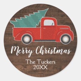 Rustik röd lastbil med julgran runt klistermärke