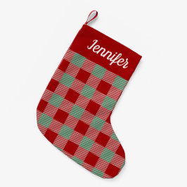 Rustik röd och grön rutig skrivstil liten julstrumpa
