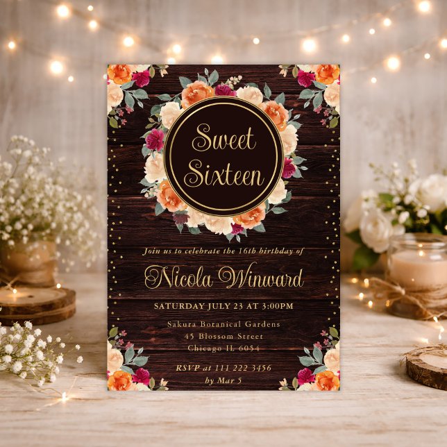 Rustik röd och orange höstblommor krans Sweet 16 Inbjudningar (Skapare uppladdad)
