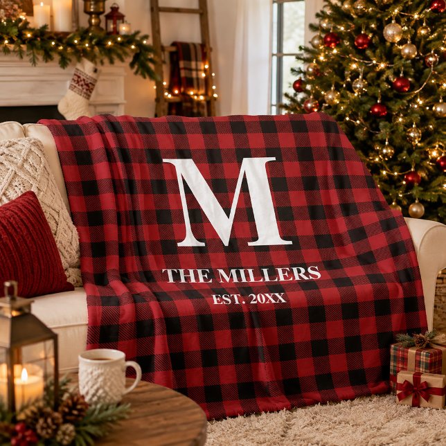 Rustik röd och svart Buffalo-rutig monogram  Fleecefilt (Rustic Red and Black Buffalo Plaid Monogram Fleece Blanket)