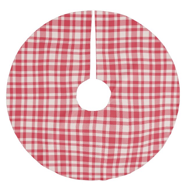 Rustik röd och vit gingham-ruta julgransmatta borstad polyester (Framsidan)