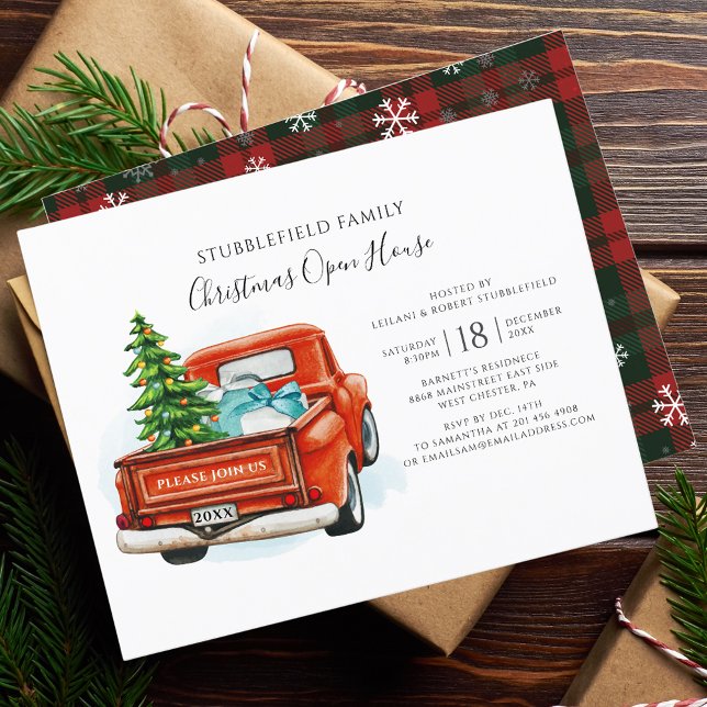 Rustik Röd Plaid Lastbil Julfest Inbjudan (Rustic Plaid Snowflakes Vintage Red Truck Christmas Party Invitation)
