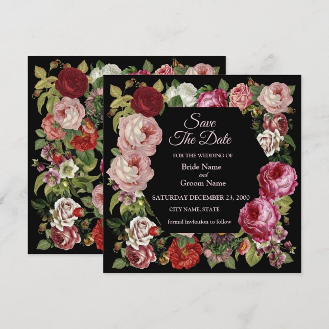 Rustik Röd Rosa Blommig Grönska Svart Spara Datumet (Fram/baksida)