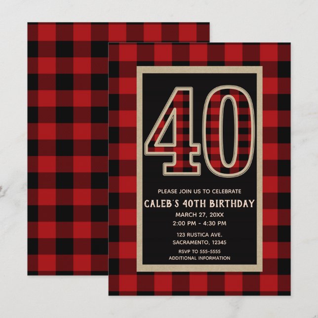 Rustik röd svart Buffalo-ruta 40-års 40-årsdag Inbjudningar (Fram/baksida)