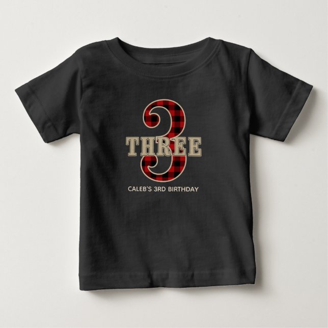 Rustik röd-svart buffelrutig födelsedagsfest för 3 t-shirt (Framsida)