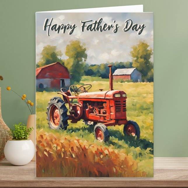 Rustik röd traktor fadersdag kort (A Father's Day card with illustration of an retro red tractor in a field on a farm)