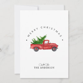 Rustik, röd vattenfärg Lastbil med Julgran Julkort