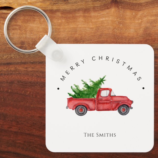 Rustik, röd vattenfärg Lastbil med Julgran Nyckelring (Framsida)