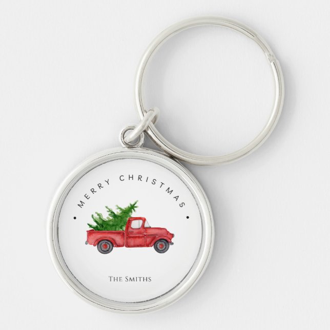 Rustik, röd vattenfärg Lastbil med Julgran Rund Silverfärgad Nyckelring (Framsidan)