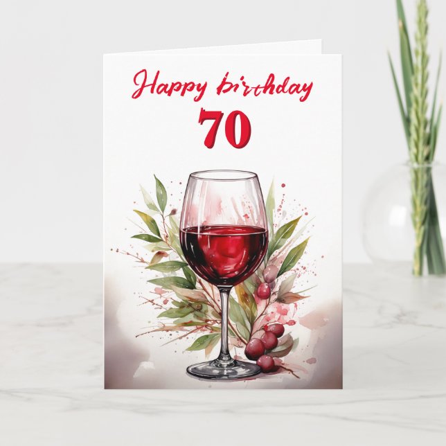 Rustik Röd Vattenfärg Vinglas 70-årsdag Kort (Framsida)