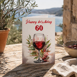Rustik röd vin glas vattenfärg 60-årsdag kort