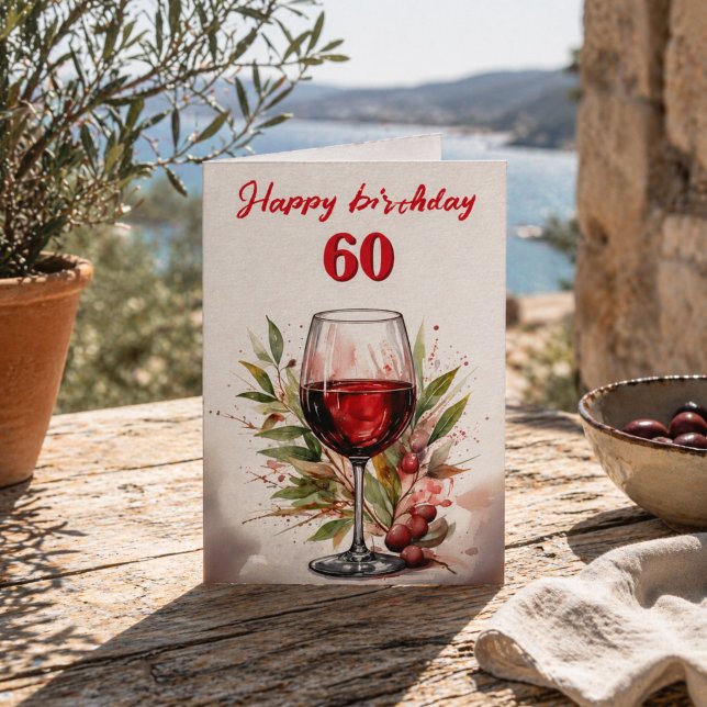 Rustik röd vin glas vattenfärg 60-årsdag kort (Skapare uppladdad)