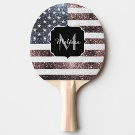 Rustik Röd Vit Blå Glitter USA-flagga Monogram Pingisracket