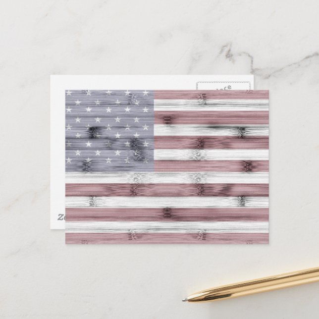 Rustik röd vit blå trä USA-flagga Vykort (Fram/Back In Situ)