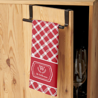 Rustik Röd & Vit Farmhouse Anpassad Monogram Kökshandduk