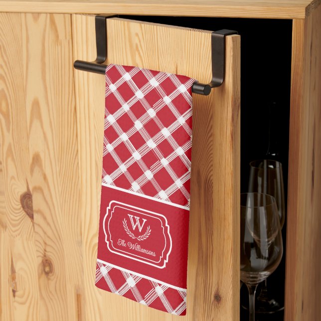 Rustik Röd & Vit Farmhouse Anpassad Monogram Kökshandduk (Thirds Fold)