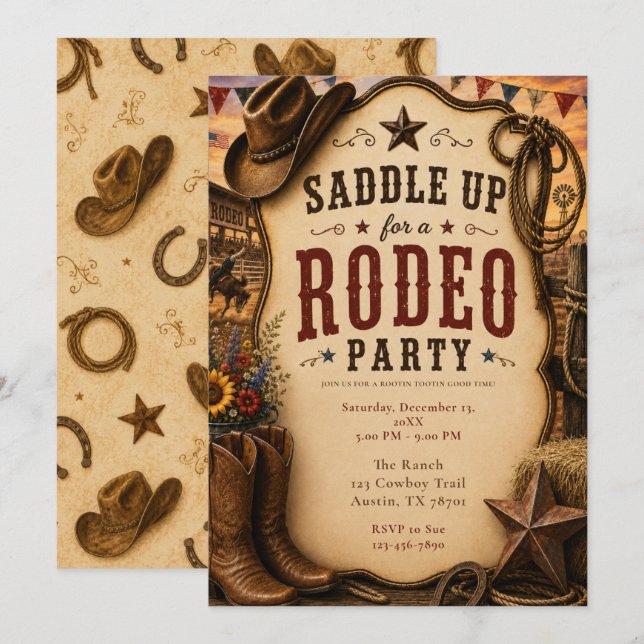 Rustik Rodeo-fest Inbjudningar (Fram/baksida)