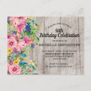 Rustik Rosa Blå Akvarell Blommig 50-årsdag Vykort