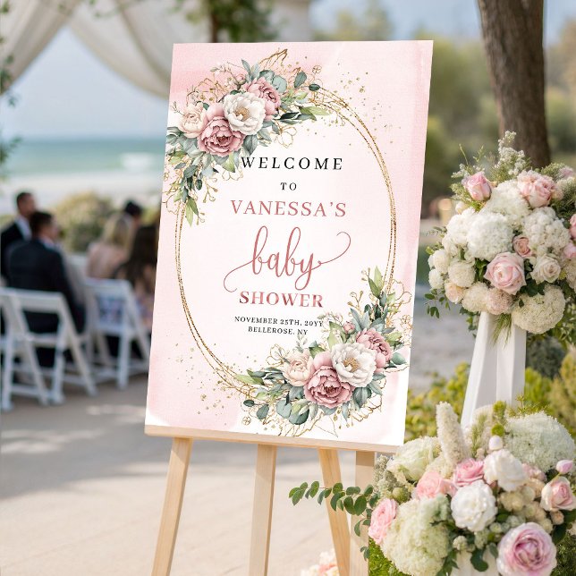 Rustik Rosa Blommig Baby Shower Välkomstskylt Poster (Rustic Blush Pink Floral Baby Shower Welcome Sign)