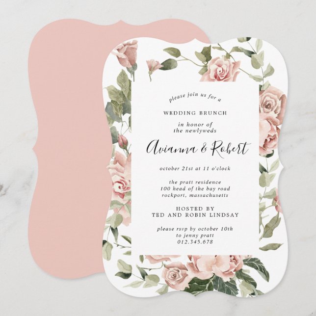 Rustik rosa blommig efterbröllopsbrunch-inbjudan inbjudningar (Fram/baksida)