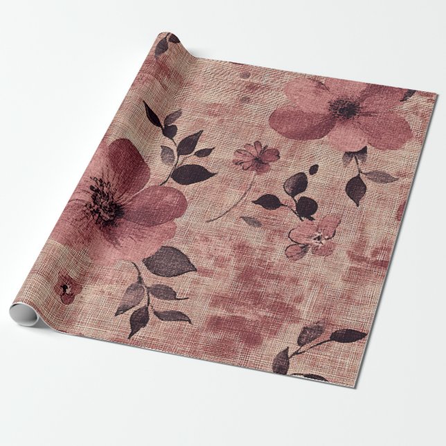 Rustik Rosa Blommig Linneamuster (2) Presentpapper (Utrullad)