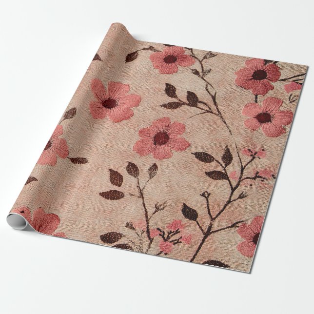 Rustik Rosa Blommig Linneamuster (4) Presentpapper (Utrullad)