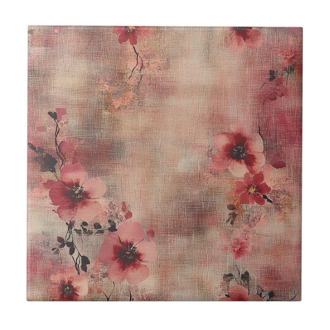 Rustik Rosa Blommig Linneamuster (6) Kakelplatta (Framsidan)