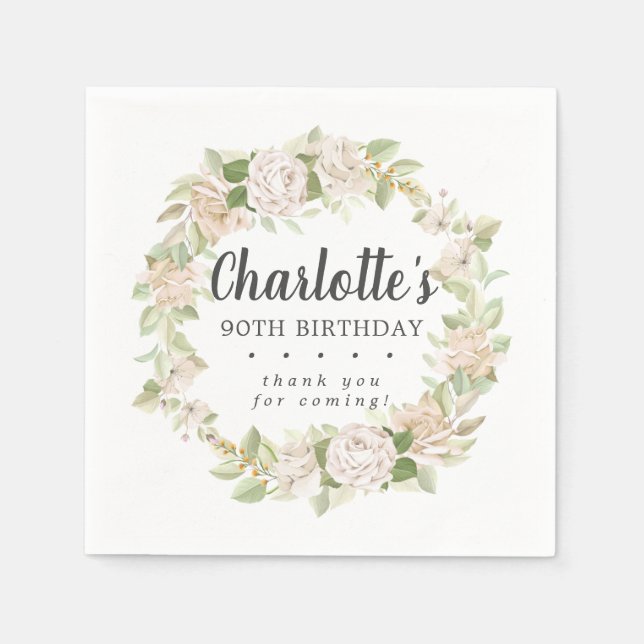 Rustik Rosa Blommigt 90:e Födelsedagsfest Napkins Pappersservett (Framsidan)