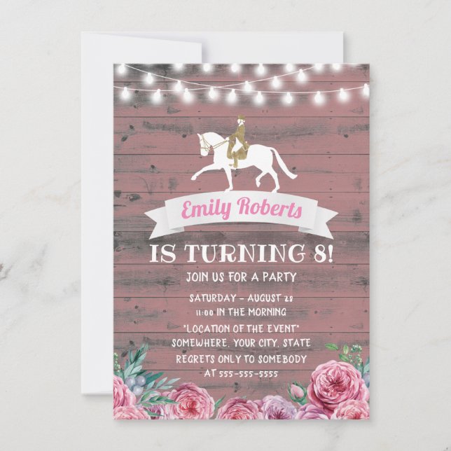Rustik Rosa Blommigt Barn Wood Horse Birthday Inbjudningar (Framsida)