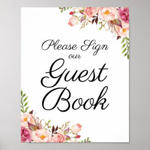 Rustik Rosa Blommigt Bröllop Guest Bok-tecken Poster