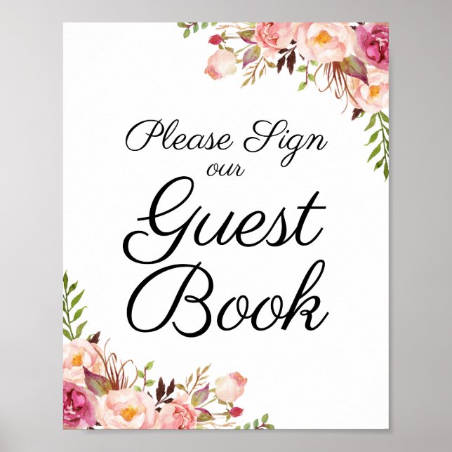 Rustik Rosa Blommigt Bröllop Guest Bok-tecken Poster (Framsidan)
