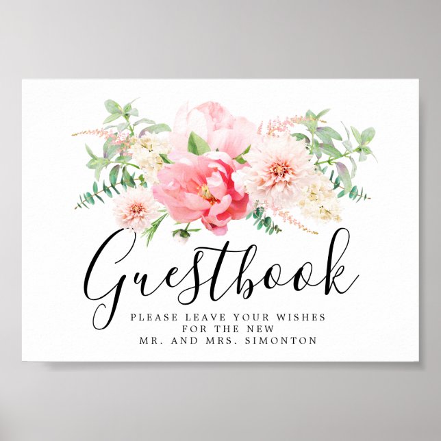Rustik Rosa Blommigt Bröllop Guestbook-tecken Poster (Framsidan)