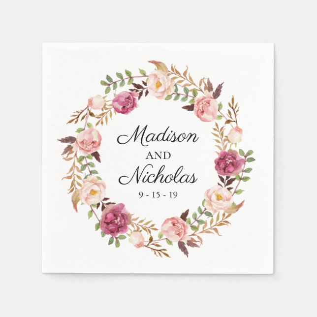 Rustik Rosa Blommigt Bröllop Napkins Pappersservett (Framsidan)