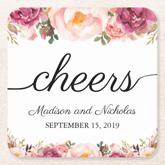 Rustik Rosa Blommigt Bröllop Pappra Underlägg Papper Kvadrat (Framsidan)