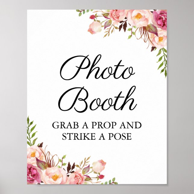 Rustik Rosa Blommigt Bröllop Photo Booth-tecken Poster (Framsidan)