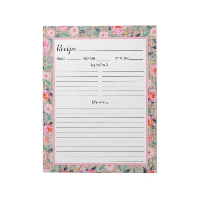 Rustik Rosa Blommigt Burlap Recipe Anteckningsblock (Roterad)
