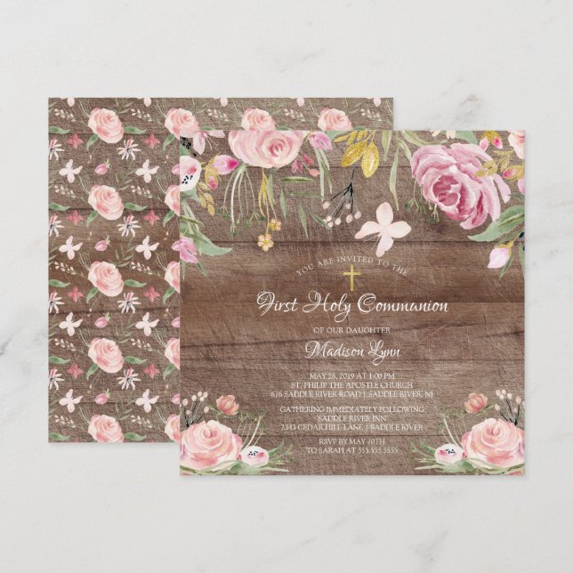 Rustik  Rosa Blommigt First Heliga Communion Inbjudningar (Fram/baksida)