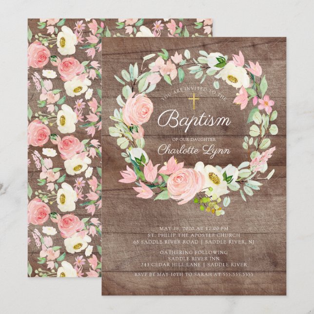 Rustik  Rosa Blommigt Girls Baptism Inbjudningar (Fram/baksida)