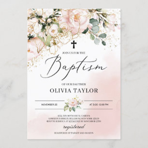 Rustik rosa blommigt guld blommor boho baptism inbjudningar