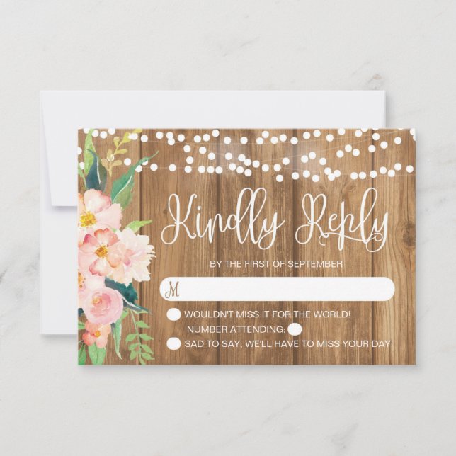 Rustik Rosa Blommigt och Bröllop OSA av trä Kort (Framsida)