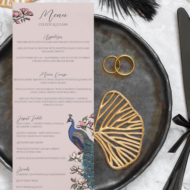 Rustik  Rosa Blommigt Peacock Bird Bröllop Menu Meny (Rustic Blush Pink Peacock Chinoiserie Wedding Menu for Wedding, Bridal Shower, Rehearsal Dinner.)