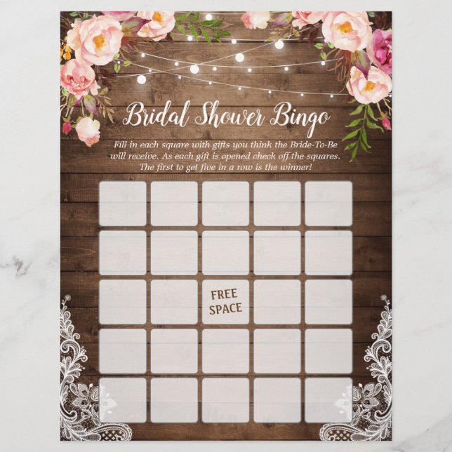 Rustik Rosa Blommigt Snöre Möhippa Bingo Game Reklamblad (Framsidan)
